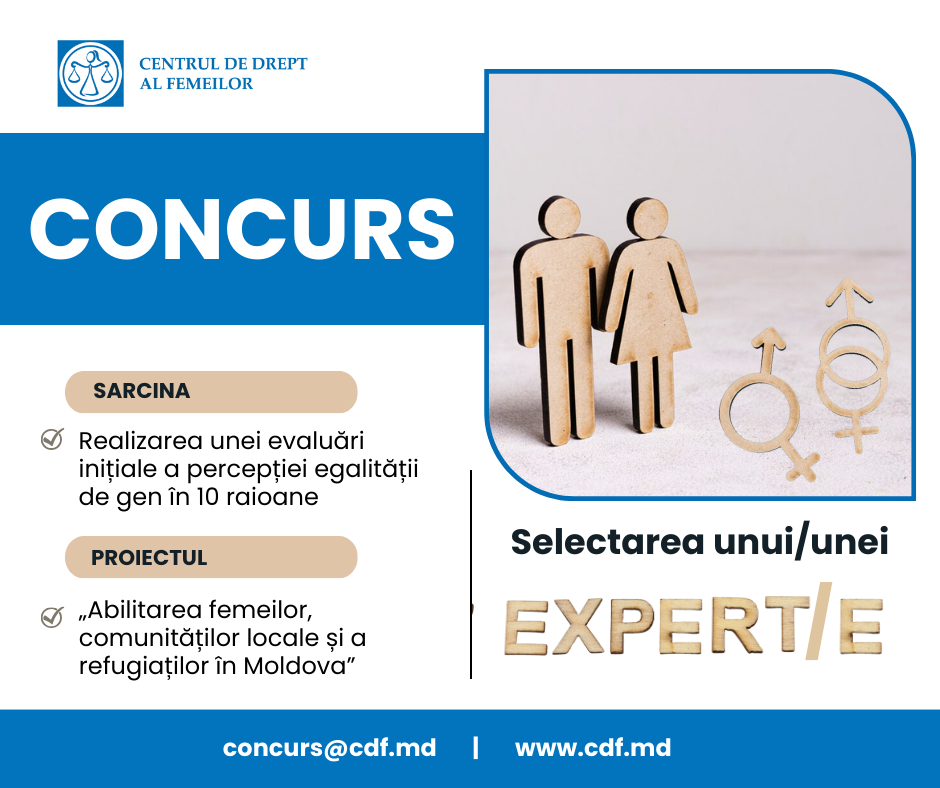 Centrul de Drept al Femeilor anunță concurs pentru selectarea unui/unei expert/e pentru realizarea unei evaluări inițiale a percepției egalității de gen în 10 raioane selectate
